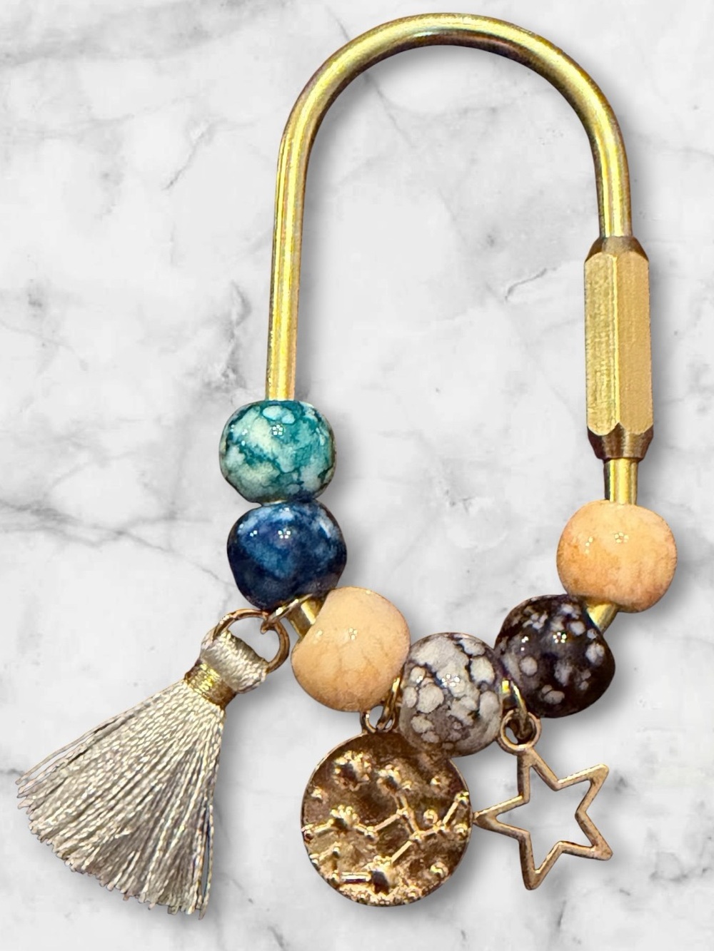 Beaded Tassel Keyring with Gold Charms - Blue, Teal & Peach